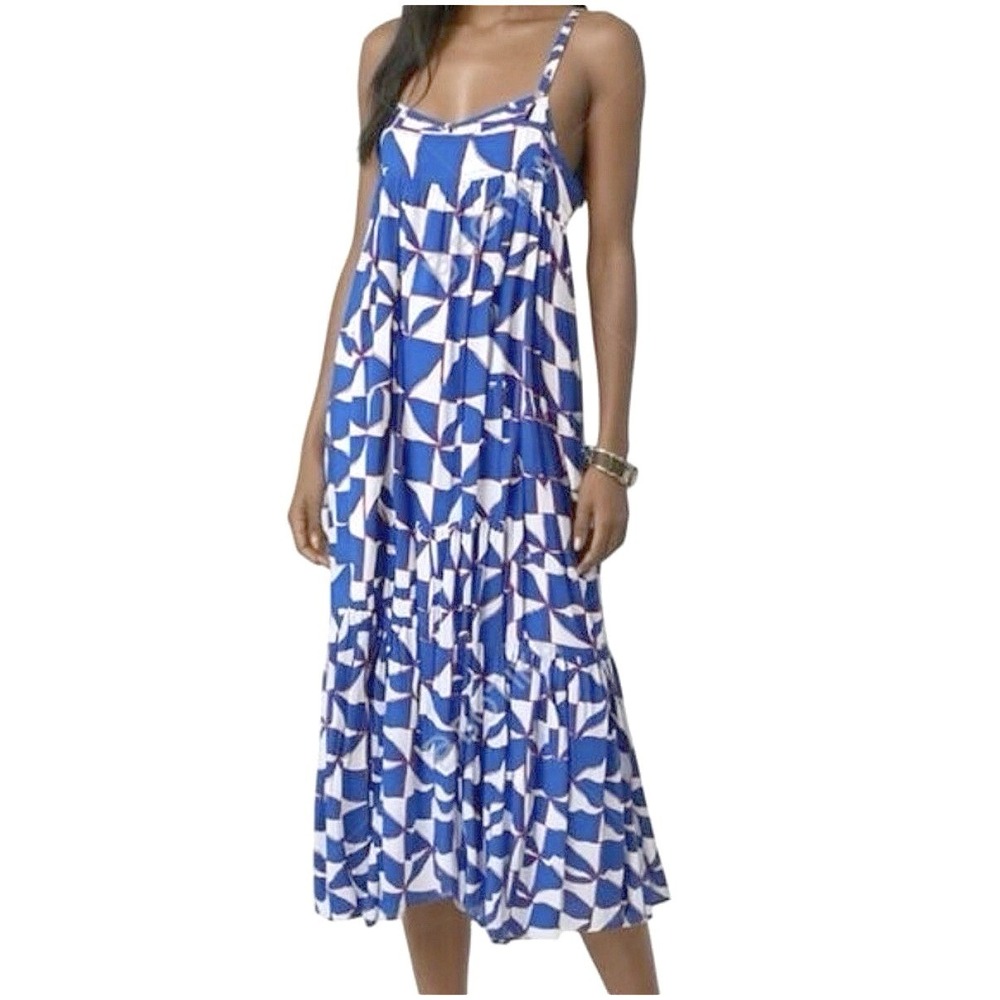 Abel The Label Blue White Geometric Tiered Midi Dress Adjustable Straps Small